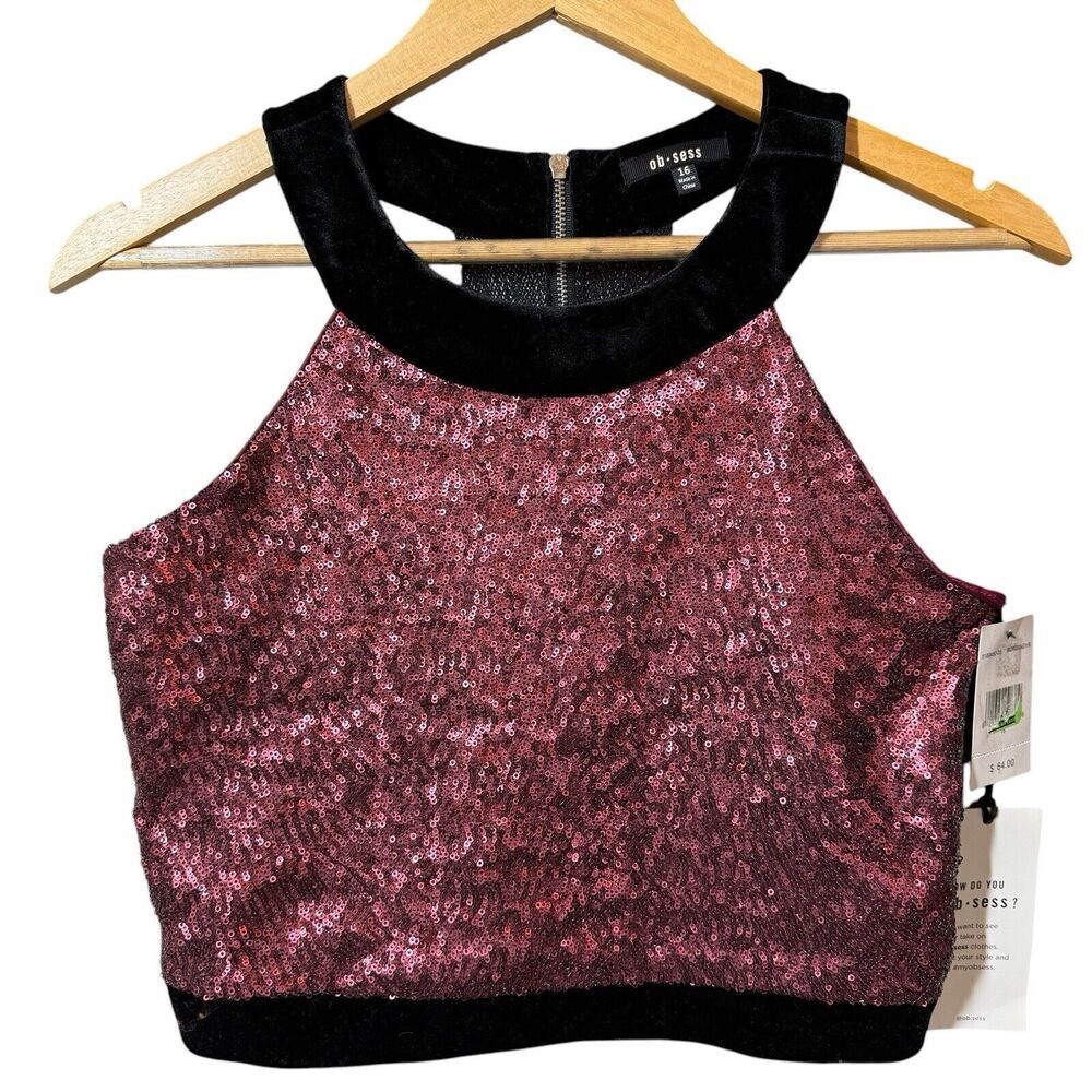 Ob.sess Isabela Moner‎ Sequin Halter Crop Top Size 16 Burgundy Style 5189450